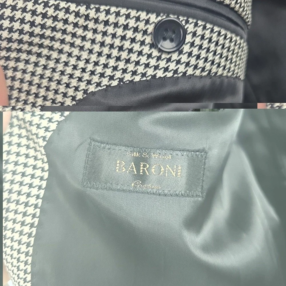 Baroni Blazer Mens 44R White Black Houndstooth Check Silk Wool Sport Coat Jacket